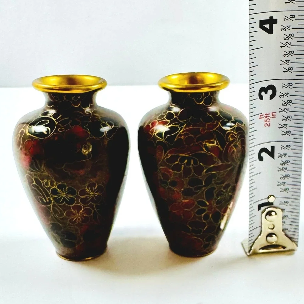 Vintage Cloisonne Miniature Bud Vases Set of 2 Floral Enamel Gold Trim 3 Inch